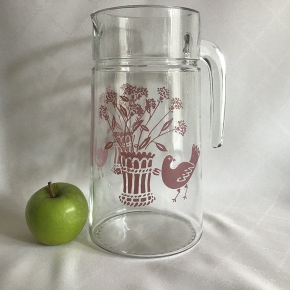 Vintage Glass Pitcher Made in France Pink  Graphics of Bird and Basket - Picture 1 of 6